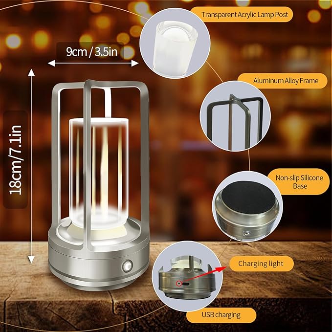 Portable Metal Table Lamp for Outdoor/ Indoor, 4000 mAh Rechargeable Cordless Table Lamp with 3 Color Stepless Dimmable, Outdoor Lanterns for Patio/ Bar/ Camping/ Party/ Outdoor Coffee Table