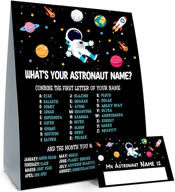 What is Your Astronaut Name Game, Game Sign and 30 Cards, Astronaut Birthday Party Sign for Boys and Girls, Holiday Activity, Kids Astronaut Activity Cards, Astronaut Activity Decoration Supplies