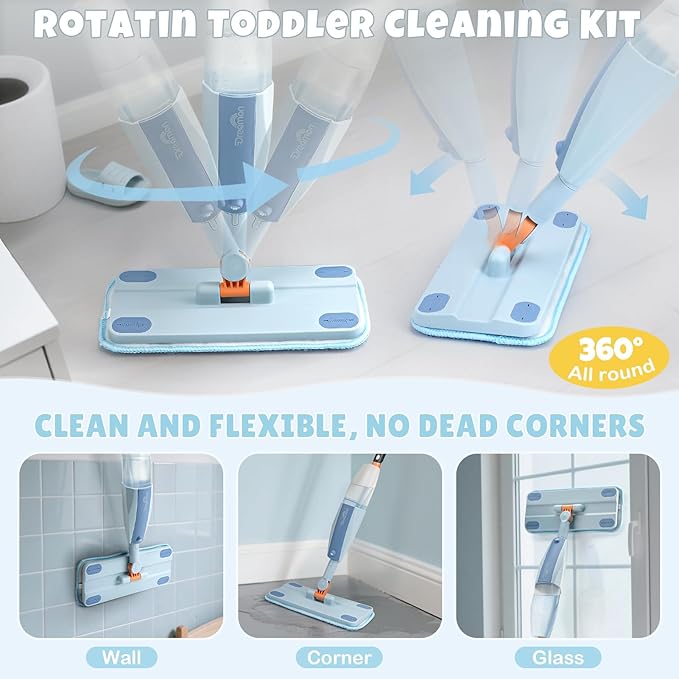 Dreamon Kids Spray Mop - Real Working Toddler Cleaning Set with Water Sprayer & 3 Washable Mop Pads & Scraper, Pretend Play Montessori Housekeeping Toys Gifts for Toddlers Kids Girls Boys(Blue)