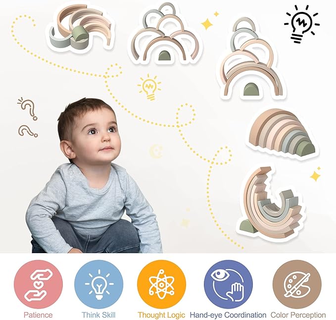 MCGMITT Rainbow Stacking Toy, Silicone Rainbow Stacker for Toddlers, Montessori Nesting Blocks, Building Creative Color Shape Matching Toy Set, 7 Layers (Brown)