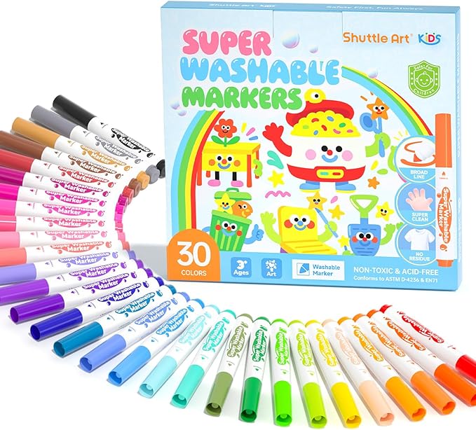 Shuttle Art Super Washable Markers, 30 Colors Broad Line Conical Tip Markers for Kids, Ultra Clean Coloring Book Marker Set, Home Classroom School Supplies for Toddlers Kids Adults Students Teachers