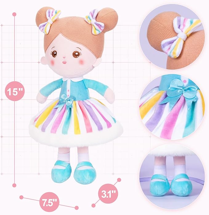 OUOZZZ 15" Soft Baby Doll Toys for 1 + Year Old Girl Gifts, Birthday Gifts for 1 Year Old Girl Christmas Plush Toys Gift for Toddler Kids Rainbow