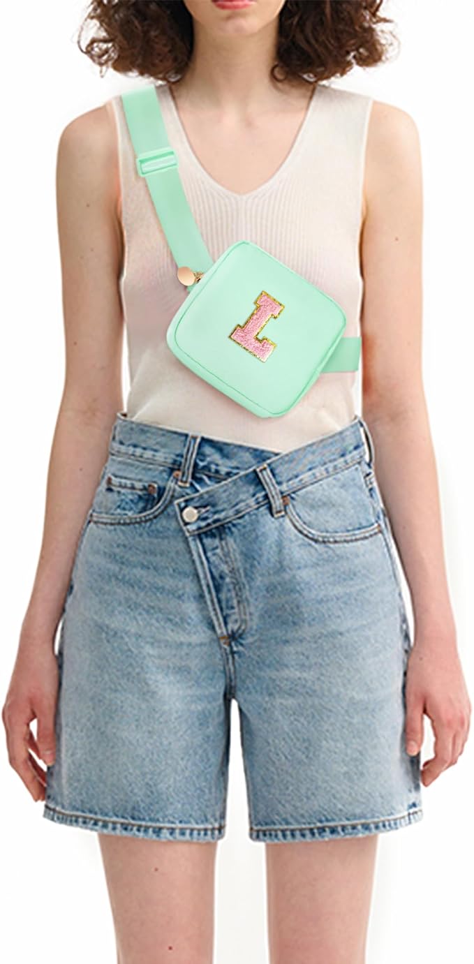 Mini Belt Bag Fanny Pack with Initials Letter Patch Small Crossbody Bags Cute Stuff Birthday Gifts for Teenager Girls Trendy Stuff for Teens - Light Green,L