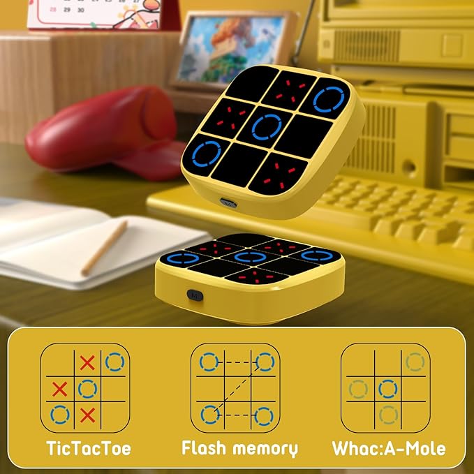 Tic-Tac-Toe Bolt Game, 4-in-1 Handheld Puzzle Games Console, Electronic Tic-Tac-Toe Game for Educational and Memory Growth, Portable Travel Games for Car Ride, Board Games for Kids and Adults (Yellow)