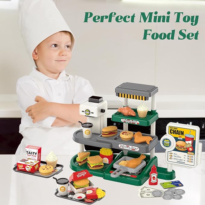 Kids Fast Food Pretend Play Set with Realistic Coffee Maker, Card Reader, Cash Register, Play Food (Burger, Fries, Sandwich), Play Money - Educational Toy Kitchen for Ages 3+