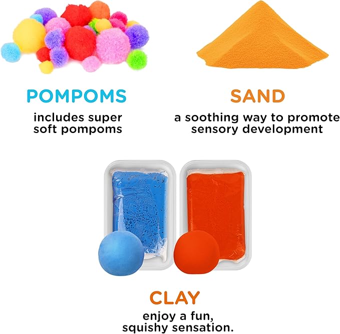 Sensory Kit for Toddlers and Kids - Includes 3 Bins with Lids, Play Tools, Sand, Feathers, Clay, Color Beads and Pom Poms Kids Box Fillers (Starter Set)