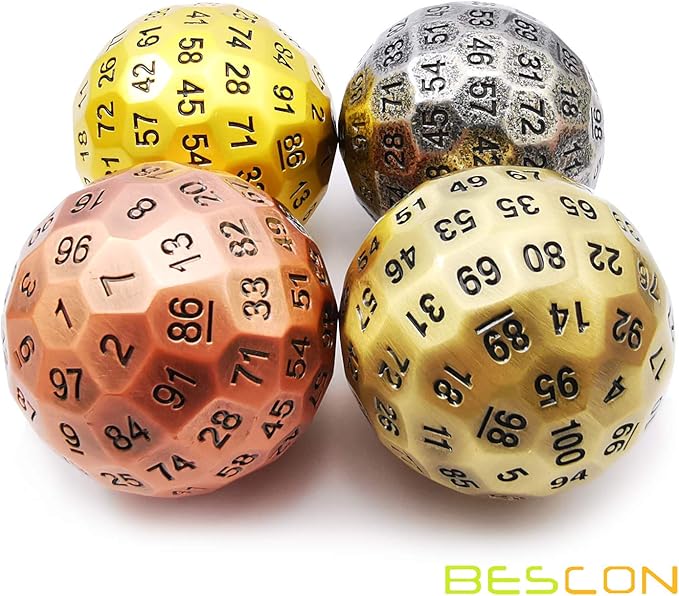 Bescon Solid Metal 100 Sided Dice, Game Dice D100, Giant Polyhedral Metal 100 Sides Dice 50MM in Diameter (1.97in), Ancient Brass