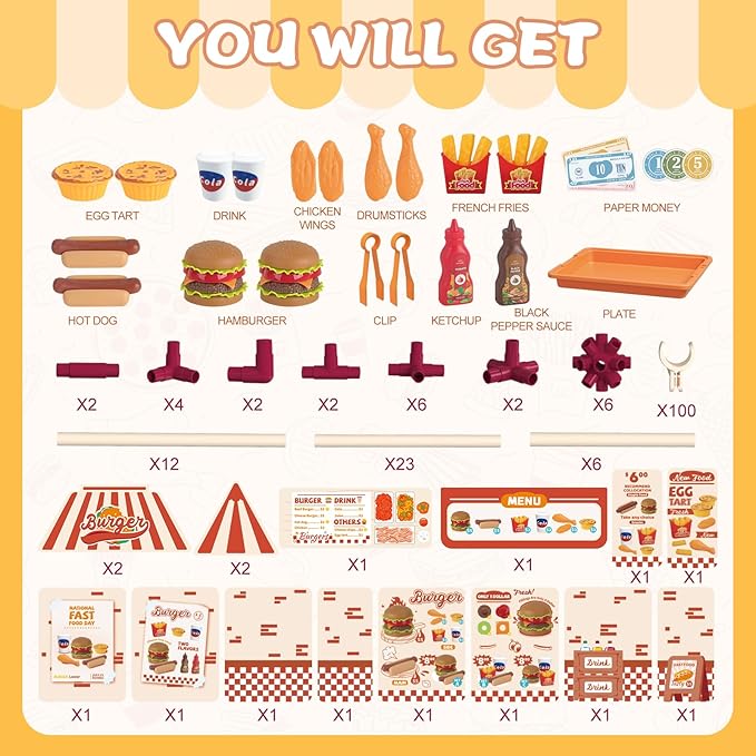 21 Pcs Toddler Hamburger Play Set, Pretend Play Cart Stall, Food Toys,with hot Dogs, Egg tarts, and Chicken Wings, for Children