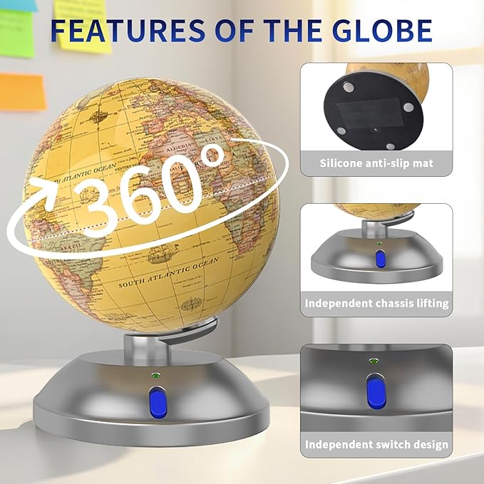 360° rotating globe, independently supported by a beautiful silver plastic base with a switch, 9-inch design, built-in LED night light, color high-definition visual map details, children's geography education, study and office decoration, living room d...