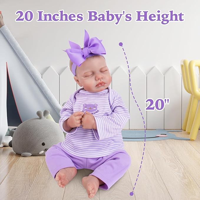 Aori Lifelike Reborn Baby Dolls - 20 Inch Realistic Newborn Sleeping Girl with Weighted Cloth Body & Hand-Painted Features - Cuddle Role Play Doll with Doll Accessories Set, Gift for Kids 3+