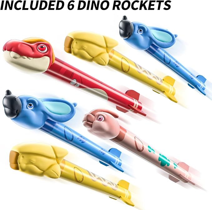 TEMI Dinosaur Rocket Launcher - 6 Dino Rockets, Launch up to 100 ft, Fun Outdoor or Indoor Kids Toy for Boys & Girls Age 3-7, Dinosaur Toy, Birthday Gift for Kids Age 4-8