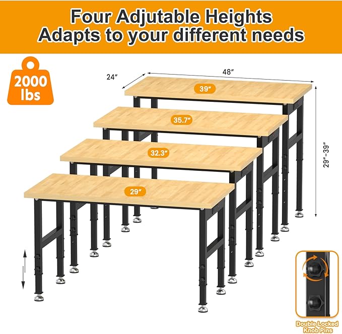 48" Adjustable Workbench, Heavy-Duty Work Bench, 2000 LBS Worktable with Power Outlets, Portable Chipboard Work Station for Repair Shop, Workshop, Office