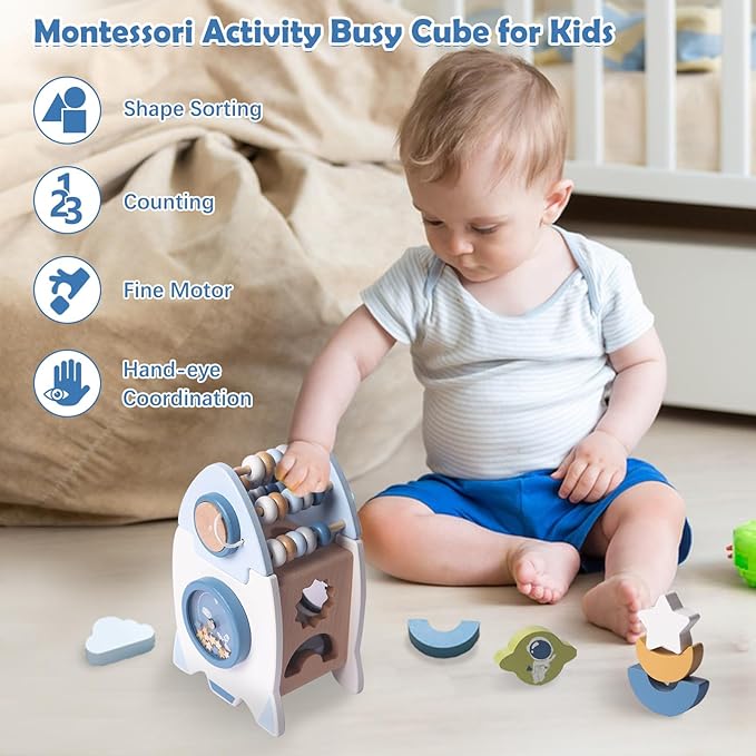 Wooden Space Toy for Baby, Montessori Toys for Babies, Toddler Rocket Toy, Sensory Activity Cube Learning Game, 1st Birthday Gift for Boys and Girls