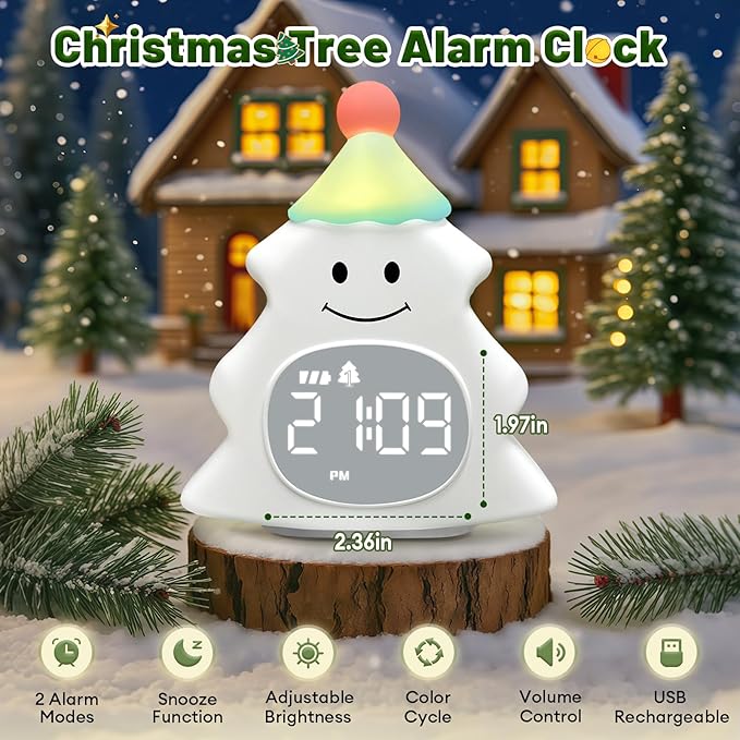 Christmas Tree Kids Alarm Clock, Digital Alarm Clock for Children with Snooze, 5 Ringtones, 8 Volume Levels, Gentle Night Light Timer, Easy-to-Read Display, Fun Holiday Wake Up Clock Gift