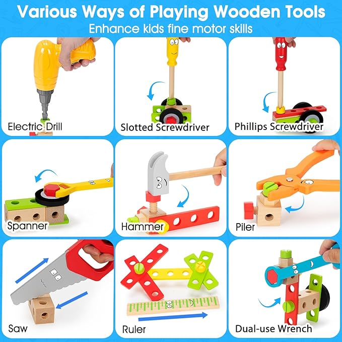 Kids Tool Set Toy with Drill, Stem Montessori Toys for 3 4 5 Years Old Boy Girl, 44 Pcs Wooden Toddler Tool Kits Inc Box, Learning Educational Construction Toy