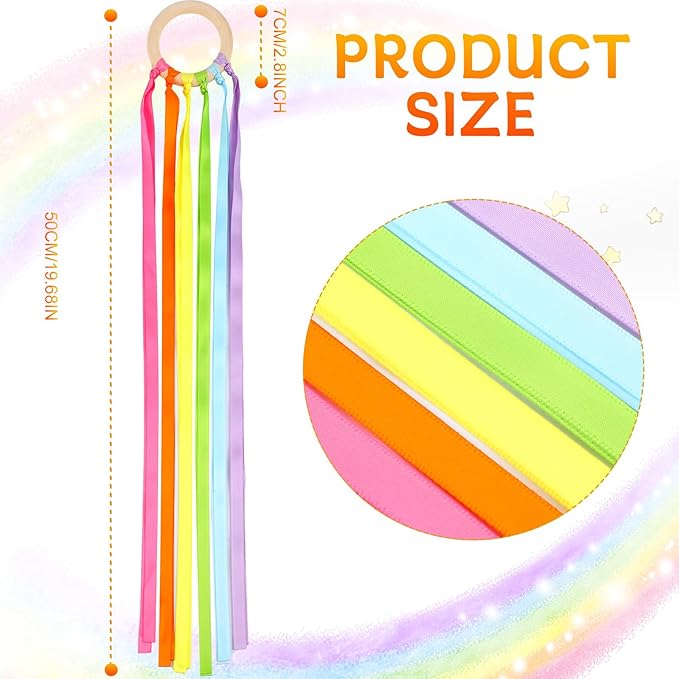 Junkin Ribbon Rings Hand Kite Waldorf Toys Dancing Wrist Ribbons Rainbow Streamers with Wood Ring Educational Toy for Playroom Dancing Birthday Party Gift(Fresh,24 Pcs)