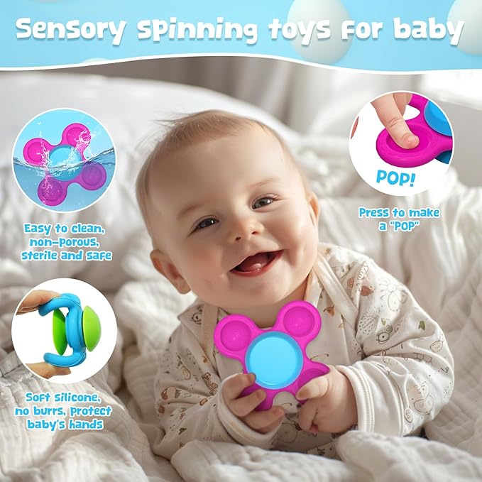 3PCS Silicone Suction Cup Spinner Toys for 1-2 Year Old Boys & Girls | Sensory Baby Bath Toys for Toddlers 12-18 Months | Birthday Gifts for Infants | Spinning Top Travel Toys