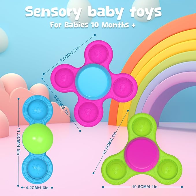 3PCS Silicone Suction Cup Spinner Toys for 1-2 Year Old Boys & Girls | Sensory Baby Bath Toys for Toddlers 12-18 Months | Birthday Gifts for Infants | Spinning Top Travel Toys