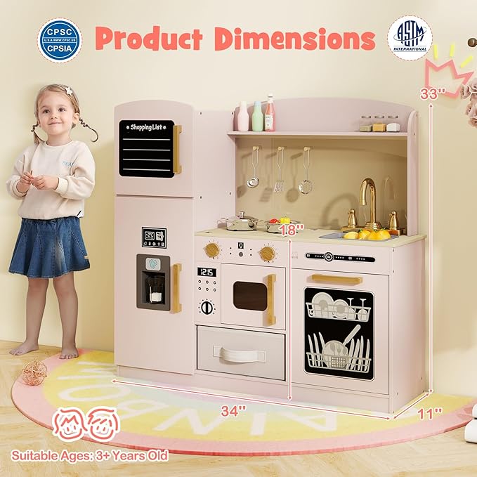 Costzon Kids Kitchen Playset, Wooden Pretend Play Kitchen w/Real Lights & Sounds, Chalkboard, Microwave, Ice Maker, Dishwasher, Sink, Cookware Accessories, Play Kitchen for Kids Ages 3+ (Pink)