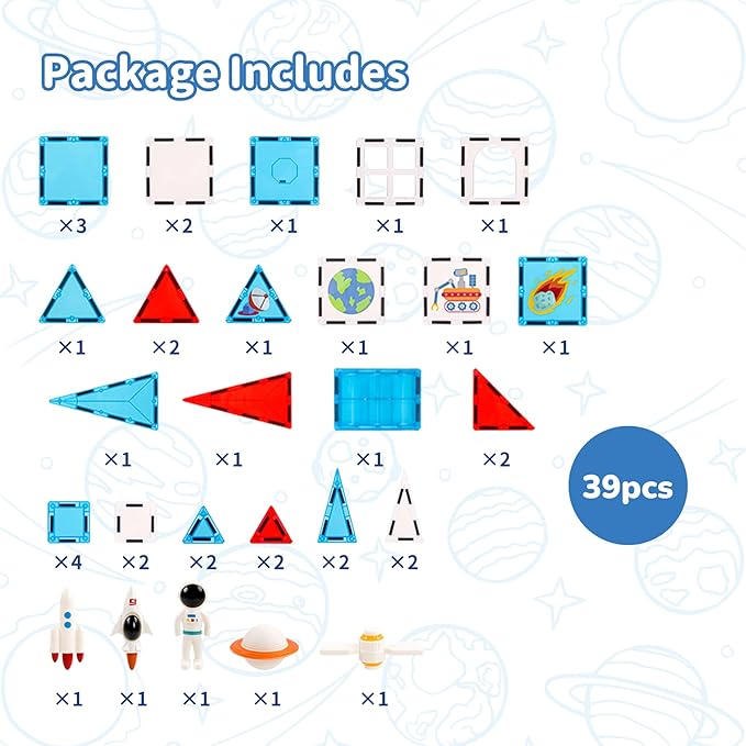 Space Exploration Magnetic Tiles (39PCS),STEM Building Set with Rocket & Astronaut,Preschool Learning Building Set for Ages 3-8, for Boys Girls (Satellite, Spaceship)