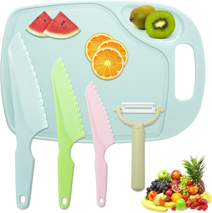 Kids Knifes Set, Kitchen Knife and Cutting Board Set, Children's Cooking Knives in 3 Sizes & Colors/Firm Grip, Serrated Edges, BPA-Free Kids' KnivesLettuce and Cutting Board Peeler