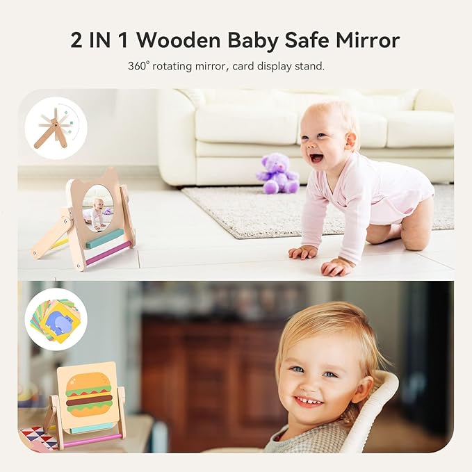 Rotating Baby Safe Mirror with 120 Pages Visual Stimulation Cards - Wooden Tummy Time Mirror Toys - Black White Red and Color High Contrast Baby Flashcards for Brain and Cognitive Development