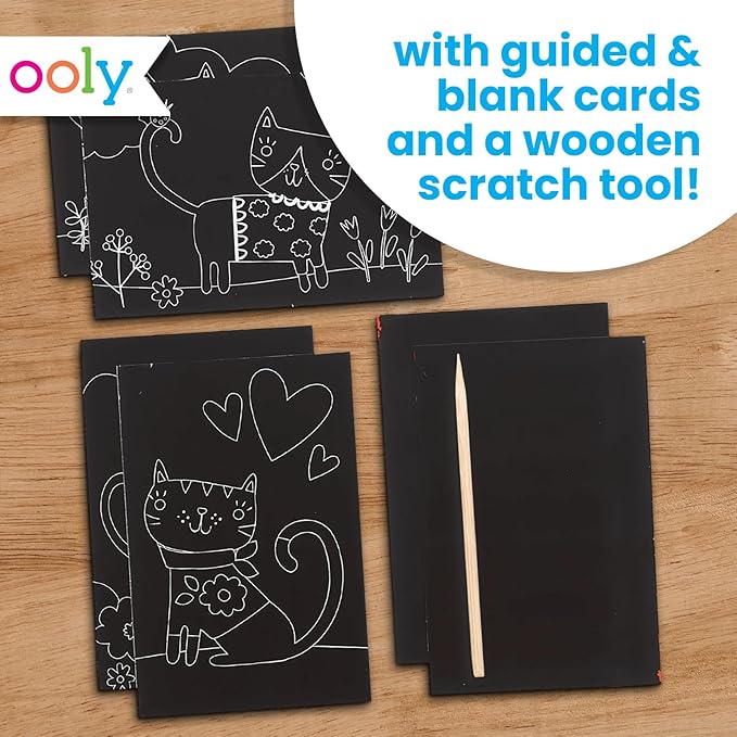Ooly Mini Scratch & Scribble Art Kit - 6 Card Rainbow Scratch Art Set Gifts for Kids, Travel-Friendly Craft Kit, Wooden Tool Included - Cutie Cats