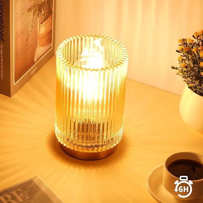 Battery Operated Lamp, Cordless Table Lamp with Timer, Desk Bedside Lamps with LED Warm Light, Glass Small Table Lamp for Bedroom, Bathroom, Living Room, Home Decor - Amber