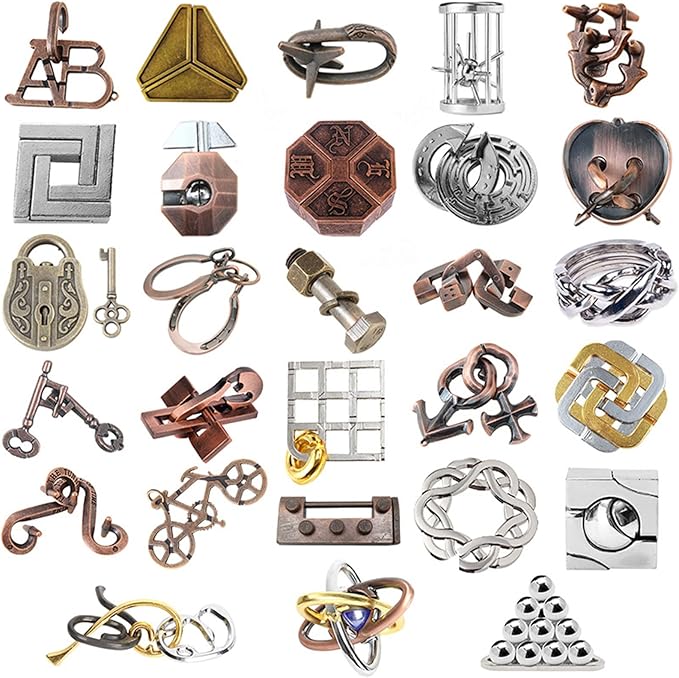 RoseFlower 28 pcs IQ Test Puzzle Metal Wire Puzzles Mind Game Educational Toys High Difficulty Brain Teaser Puzzle Toy for Kids and Adults - Explore Creativity and Problem Solving. Gift Desk Puzzles