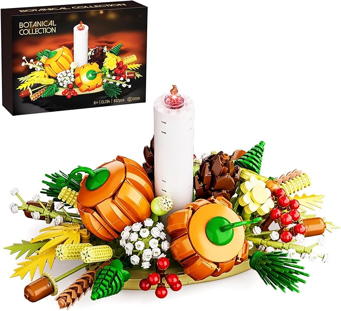 Fall Harvest Building Blocks Set – DIY Autumn Dinner Table Centerpiece Decor with White Candle, Pumpkin, Pinecones, Berries, Wheat, Thanksgiving, Halloween and Christmas Decoration (832 Pieces)