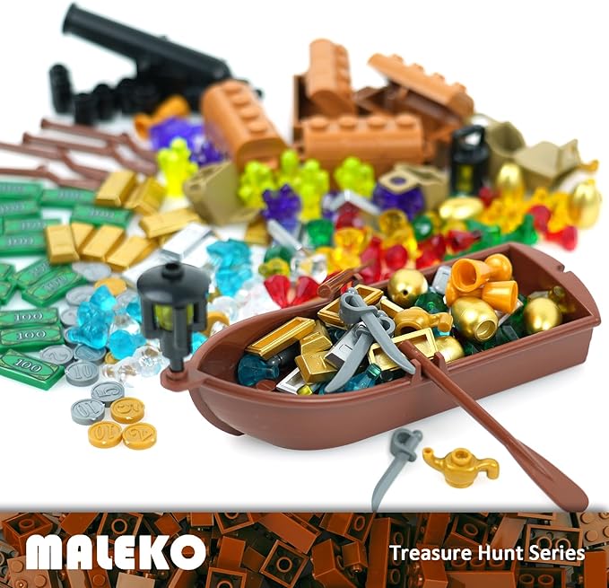Money Pirate Ship Treasure Accessories, Bank Dollars Cannon Crystals Gems Coins Gold Bar Silver Map Cash Chest, City Friends People Weapons Bricks Parts and Pieces Building Blocks Toys