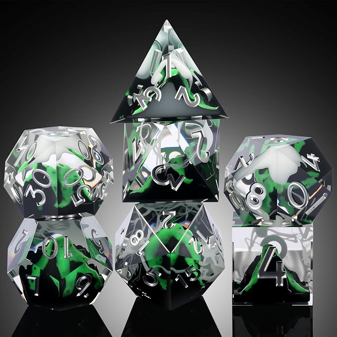 DNDND Emerald Volcanic Sharp Edge Dice Set - 7PCs Green Lava Flow Polyhedral Dice for D&D, RPG Metal Case Gift with Clear Numbers