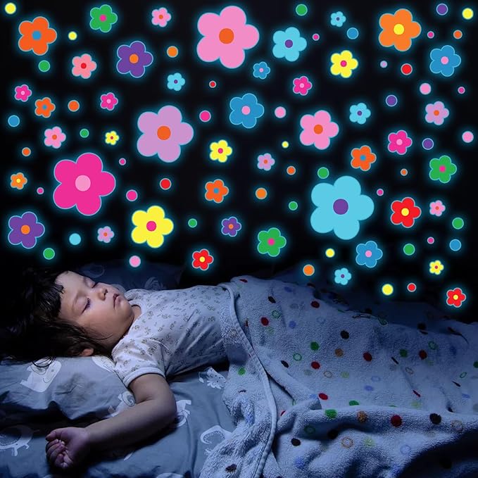 Glow in The Dark Y2k Cute Flowers Wall Decals，Glowing Luminous Colorful Floral Wall Stickers Removable self-Adhesive Flower Decals for Girls Bedroom Kids Baby Nursery Living Room Decor (Bright Color)