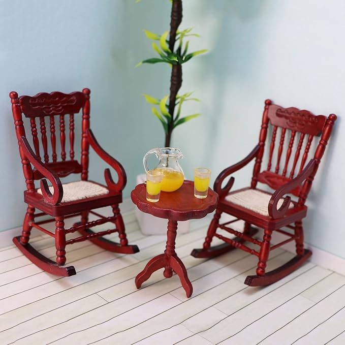 Dollhouse Miniature Rocking Chair 1:12 Scale Wooden Furniture Accessories Tiny Mini House Home Outdoor Cake Topper Decoration Model Living Room Scene Christmas Craft Displays (Red)