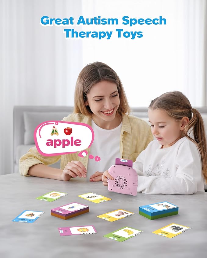 Talking Flash Cards for Toddlers 1 2 3 4 Year Olds, Montessori Language Learning with 224 Words, Pocket Speech Therapy and Autism Playthings, Children's Sensory Educational Device, Pink