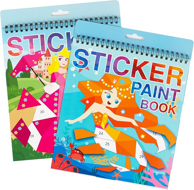 2 Pack Paint by Sticker Kids Crafts for Kids Ages 4-8 Sticker by Number for Boys and Girls Birthday Gifts Party Favor, Travel Activity Book Set for Learning (Princess+Mermaid)