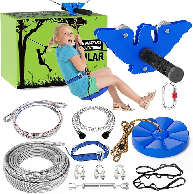 X XBEN 150FT Zip line Kits for Backyard, Zip Lines for Kid and Adult, Included Swing Seat, Ziplines Brake, and Steel Trolley, Outdoor Playground Equipment