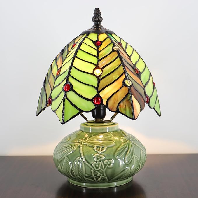 Small Tiffany Lamp Mushroom Table Lamp, Mini Stained Glass Desk Light Memory Sympathy Ceramic lamp 8X11 Inch (Brown Green Leaf)