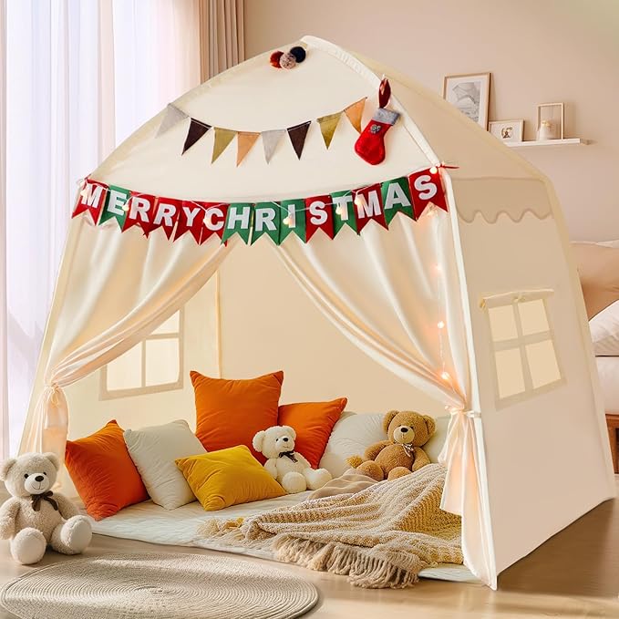Kids Play Tent with Padded Mat Lights - Large Teepee 59x39x59in with Christmas Decor Kit Storage Bag Flag- Private Space for Reading - Birthday Gift for Boys Girls Ages 3-12