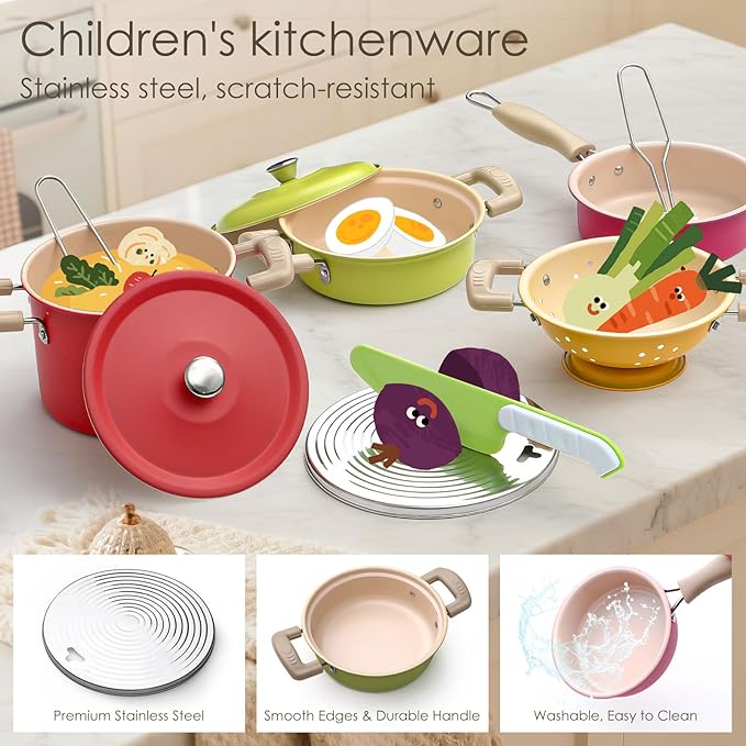 Golray Play Kitchen Accessories, Kids Kitchen Playset Pretend Cookware Including Pots and Pans Set, Cooking Utensils, Organizer, Condiments, Apron & Gloves, Birthday Gifts for Girls Boys Toddlers