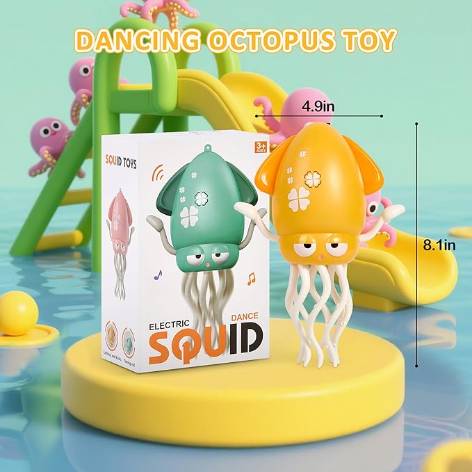 Electric Dancing Octopus Toy with LED Lights and Music, Automatic Avoidance, USB Rechargeable Crawling Belly Time Toy, Suitable for Children 3 Years and Older Birthday Gift (Yellow)