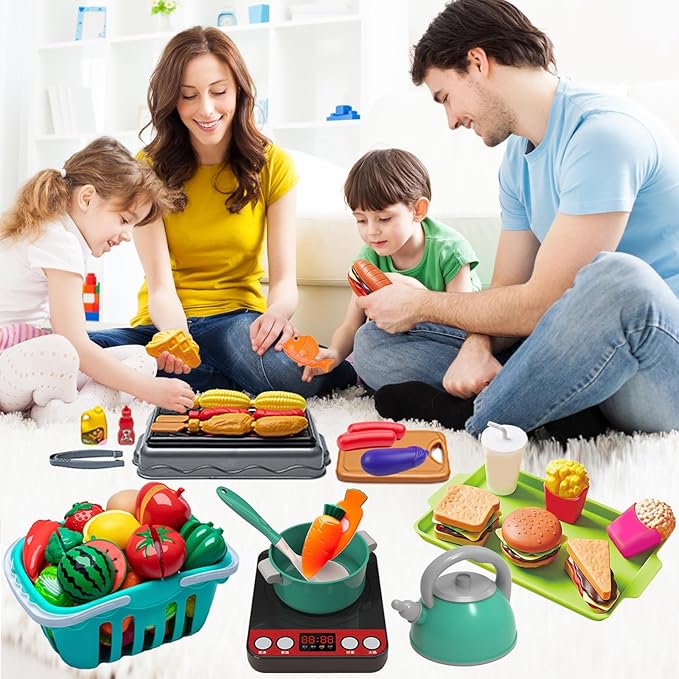 108Pcs Kids Kitchen Toy Accessories, Toddler Pretend BBQ Camping Cooking Playset, Utensils Cookware Toys, Play Food Set, Toy Vegetables, Learning Gift for Girls Boys