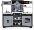HONEY JOY Corner Kids Kitchen Playset, Wooden Toy Kitchen Set w/Lights & Sounds, Range Hood, Ice Maker & Coffee Maker, Microwave, Sink, Faucet, Little Chef Pretend Play Kitchen for Toddlers, Brown