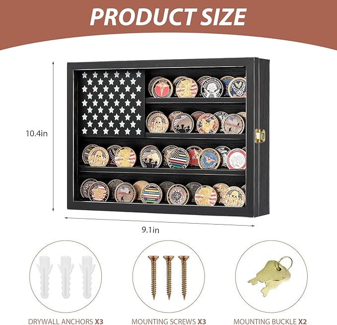 Challenge Coin Display Case, Lockable Solid Wood Military Coin Holder Cabinet with Star Flag Board and Anti-Fade Acrylic Front, Wall Mounted 4-Tier Coin Collection Shadow Box Rack (Black)