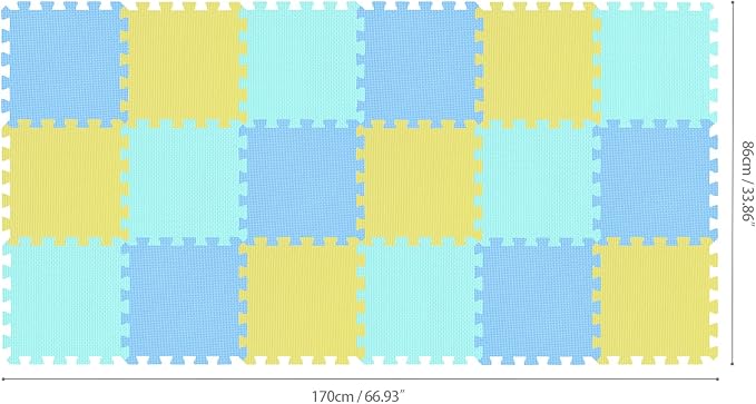 qqpp EVA Rubber 18 Tiles Interlocking Puzzle Foam Floor Mats - Baby Play Mat for Playing | Exercise Mat for Home Workout. Yellow, Blue, Green. QC-EGHb18N
