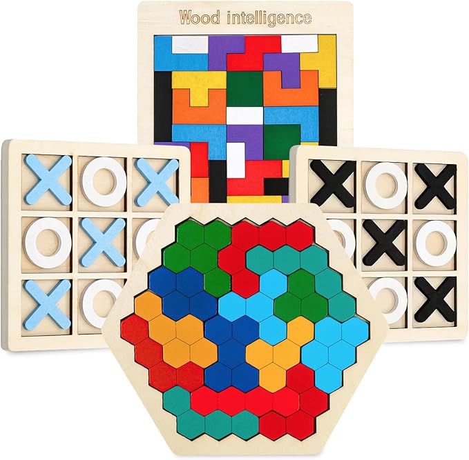 Wooden Puzzles,Geometric Shape Logic Hexagon Puzzle Toys Brain Teasers STEM Montessori Educatioanl IQ Board Games for Kids Boys Girls Ages 3+ (4 Pack)