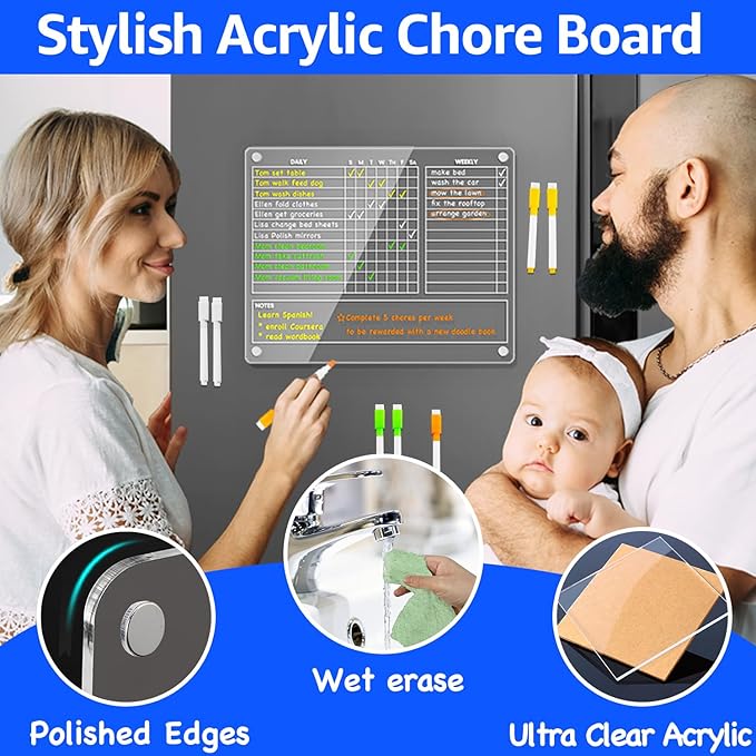 PigPotParty Magnetic Chore Chart for Adults & Teens & Kids on Fridge – 12"x9.5" Acrylic Dry Erase Chore Board with Daily, Weekly & Notes Sections – Includes 8 Fine Point Markers & Towel