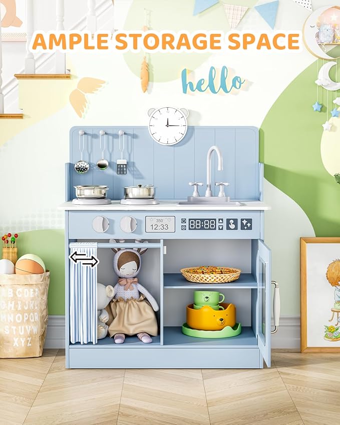 MAMIZO Kids Kitchen Playset with Ample Storage, Interactive Play Kitchen with Simulated Gas Cooker, Clicking Knobs, Sink, Faucet, 6 Pcs Cookware, Educational Clock for Toddlers (Blue)