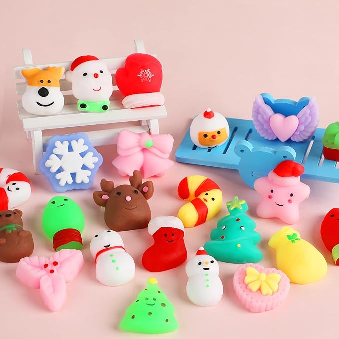 KINGYAO Squishy Fidget Toys, Mini Mochi Squishies 24 Pcs Party Christmas Mochi Favors for Kids Kawaii Snow Man Squishy Stress Relief Toys with Storage Box