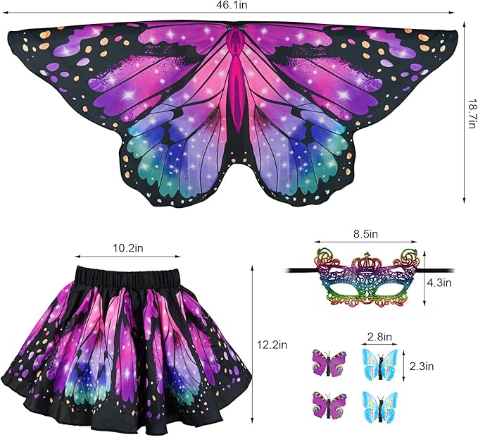 Butterfly Costume for Girls Fairy Wings Kids 4 Pcs(Cape,Skirts,Masks,Hair Clips) Butterfly Wings for Halloween Gifts
